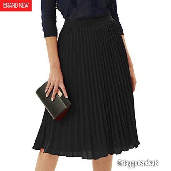 High Elastic Waist Pleated Chiffon Midi Skirt A-Line Swing - Picture 3 of 7